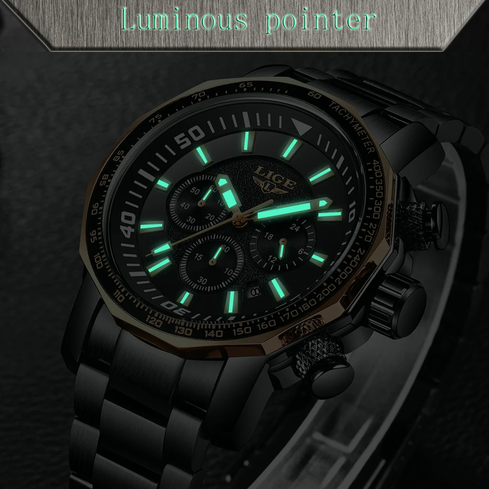 Relojes Hombre LIGE, мужские часы, Лидирующий бренд, Роскошные, 24 часа, дата, деловые кварцевые часы, мужские полностью стальные, большой циферблат, водонепроницаемые часы