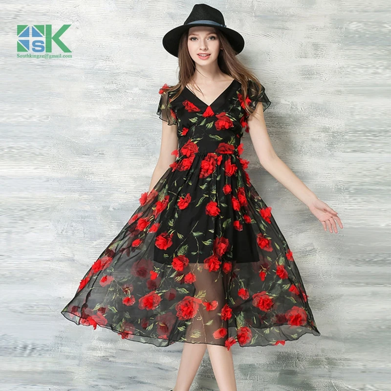 New 2016 SK Lace Fabric Art summer black white three-dimensional embroidery flower 130cm chiffon lace dress clothing d |