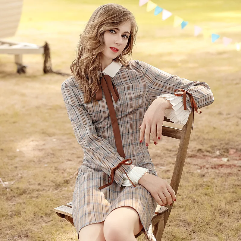 

New Fashion With BOW-TIE Turn-down Collar Medium Style Plaid Dress