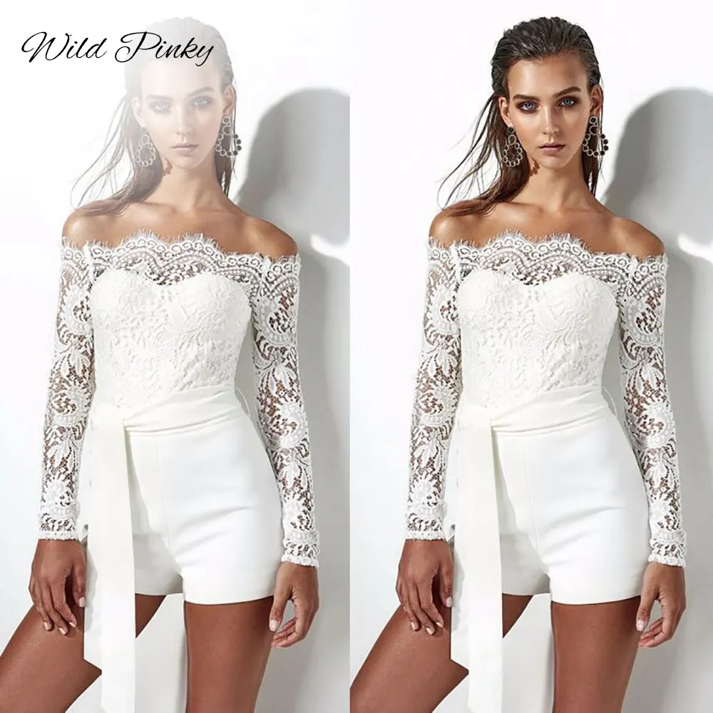 WildPinky Hollow Out Sexy White dress Lace Embroidery Spliced Rompers Off Shoulder Jumpsuit Overalls Summer Playsuits Female | Женская