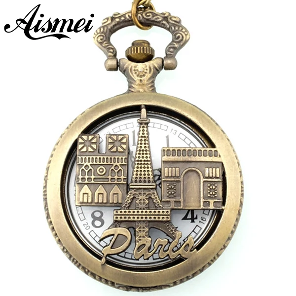 

25pcs/lot New arrive Bronze Tone Necklace Chain "PARIS" Eiffel Tower hollow Quartz Pocket Watch wholesale send by EMS or DHL