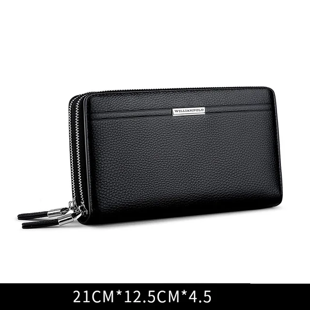 black small WILLIAMPOLO Leather Vintage Solid Clutch Bag Phone and Card Brand Mens Wallet Double Zipper Genuine Leather Handy Bag Purse - Цвет: black small
