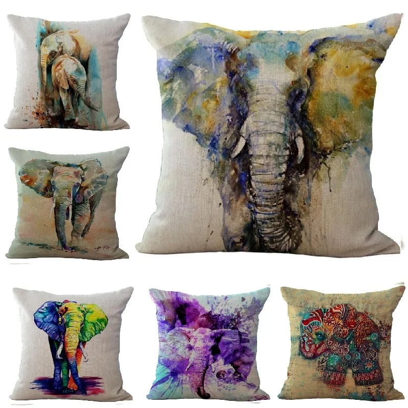 

Ink Elephant Painting Cushion Cover Linen Car Sofa Case Throw Pillows Decorative Pillowcase almofada decorativos cojines