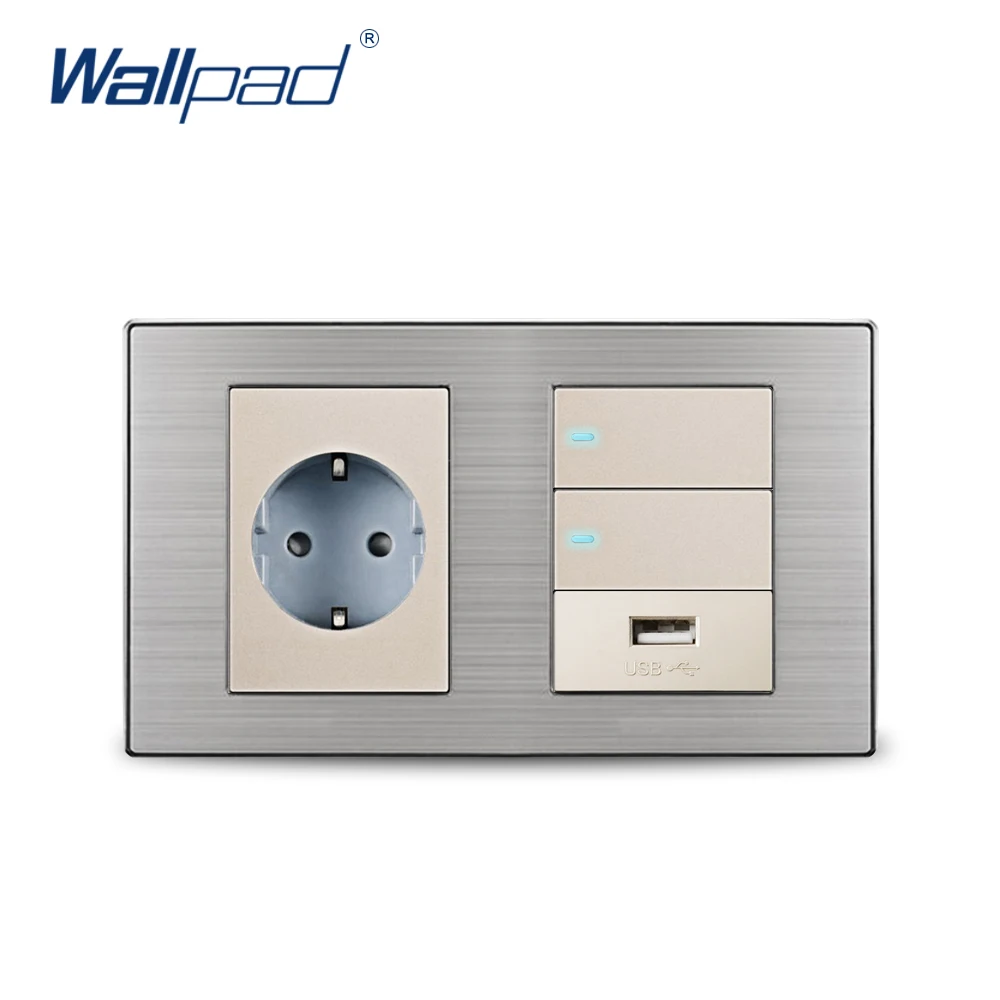 Wallpad EU Пособия по немецкому языку разъем& 2 Gang 2 позиционный переключатель& USB Зарядное устройство 5V 1000mA стены Мощность Зарядное устройство атласная металлическая Панель