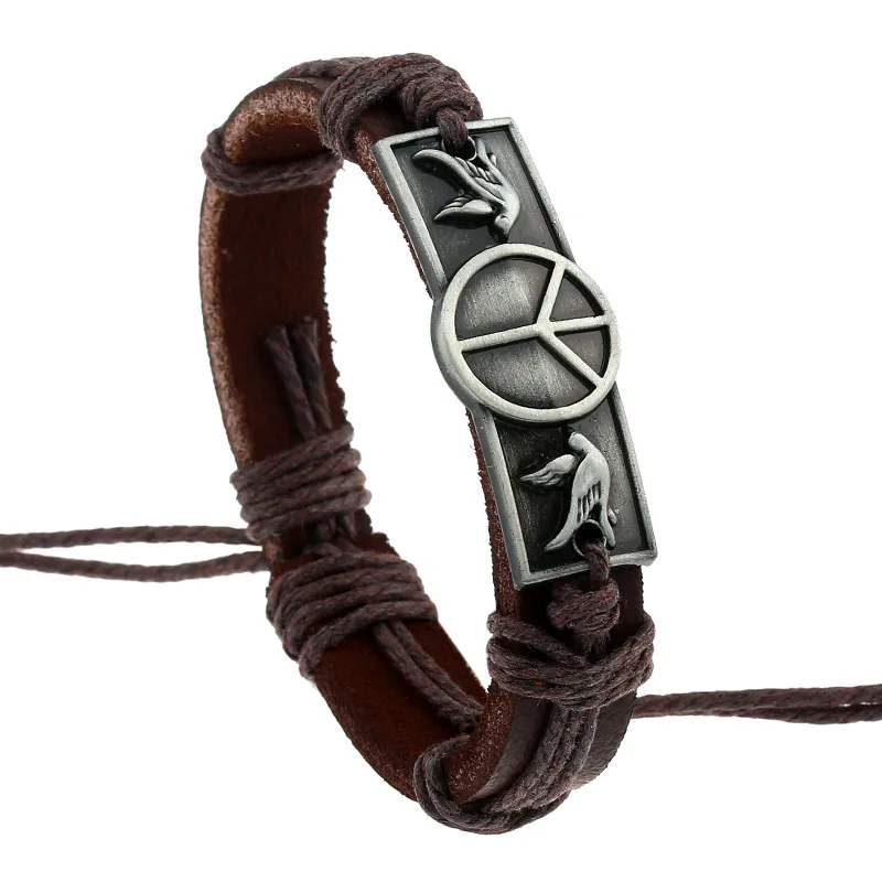 Retro Casual Genuine Leather Bracelets Hemp Rope Hand-woven Unisex Bangles Peace Alloy Charm Wrap Bracelet Man Jewelry Wristband | Украшения
