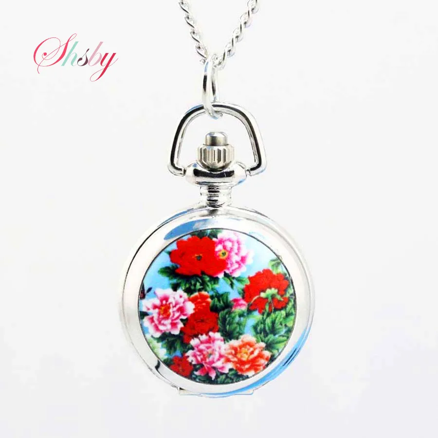 Shsby карманные часы цветок модная Серебряная цепочка Девушка ожерелье Кварцевые часы Женское платье часы Детские Мультяшные часы