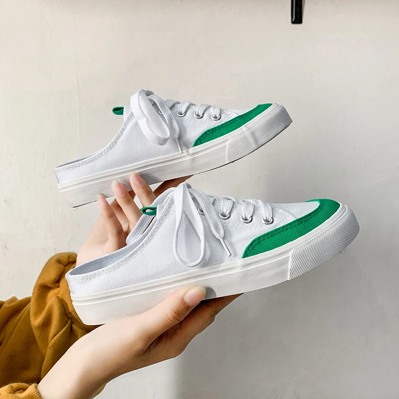 INS hot women Canvas shoes 22.5-25 cm length bottom shoes flat bottom half tow canvas shoes no heel lazy shoes Half slipper