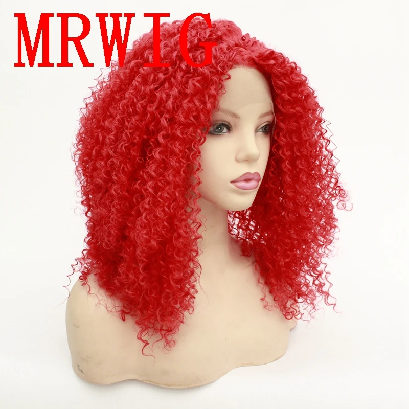 MRWIG 18in Red Hair Color Middle Part Kinky Curly Synthetic Lace Wig Heat Resistant Fiber African Americans | Шиньоны и парики