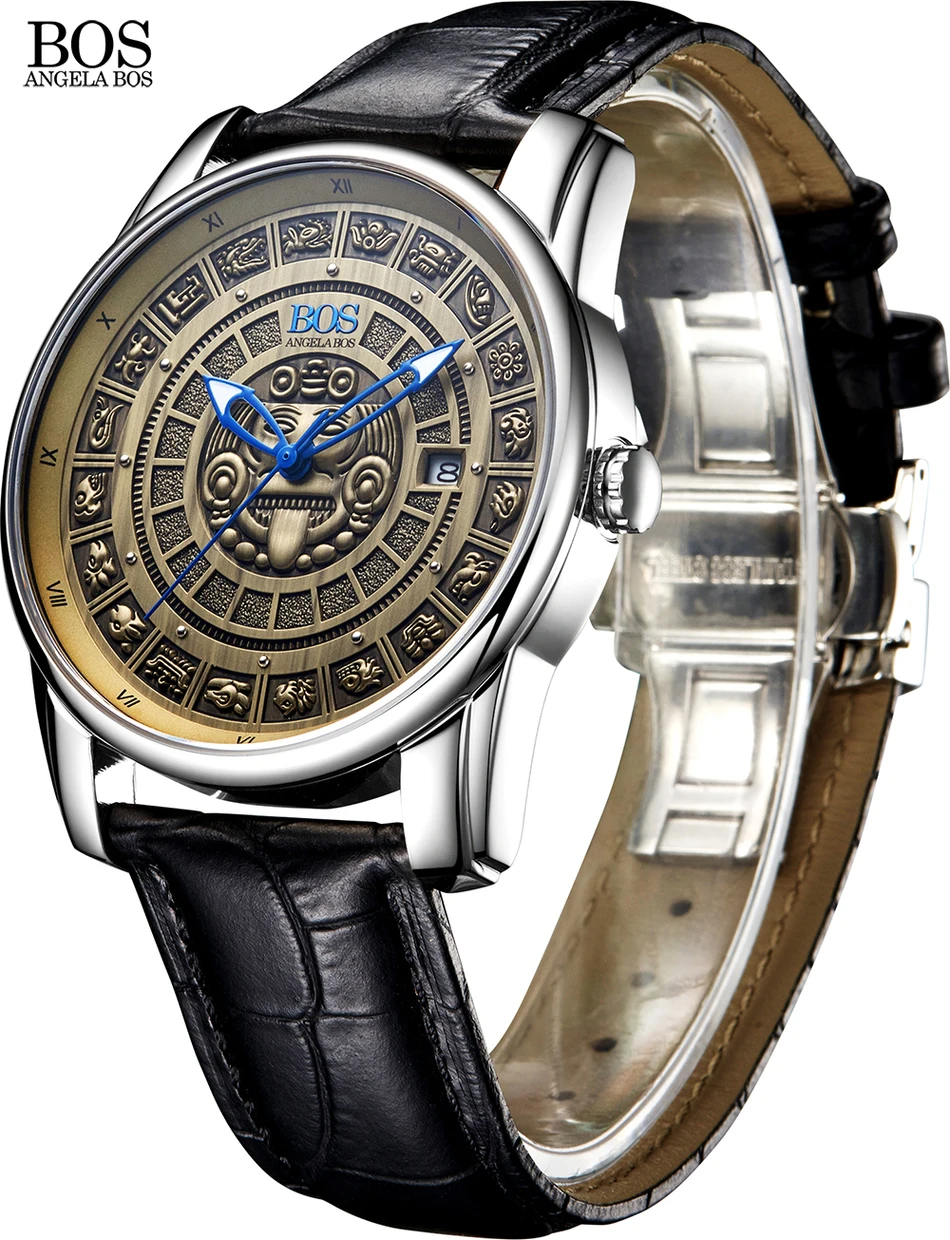 Анжела BOS световой Роскошные Для мужчин часы Ретро стереоскопического Майя