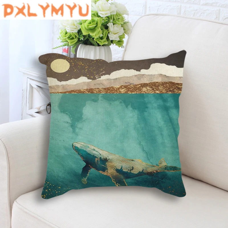 Square Throw Pillow 45x45cm Abstract Landscape Mountain Deer whale Nordic Cushion Back Seat Linen Sofa Home Decor | Дом и сад