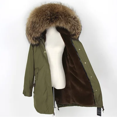 army brown Пальто из натурального меха, зимняя куртка, бренд, Женское пальто, Воротник из натурального Лисьего меха, свободная длинная парка, уличная одежда, новая корейская мода - Цвет: army brown