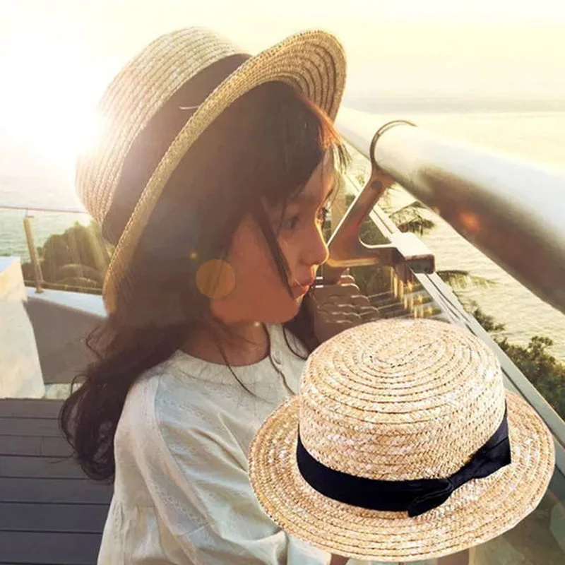 

Block sun women Girl adult male female summer hat British retro bow princess curling straw dome flat roof beach hat lm41
