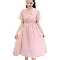 women white pink maxi dress elegant 2019 summer new fashion v neck embroidered elastic waistband ladies dresses vestidos hj312