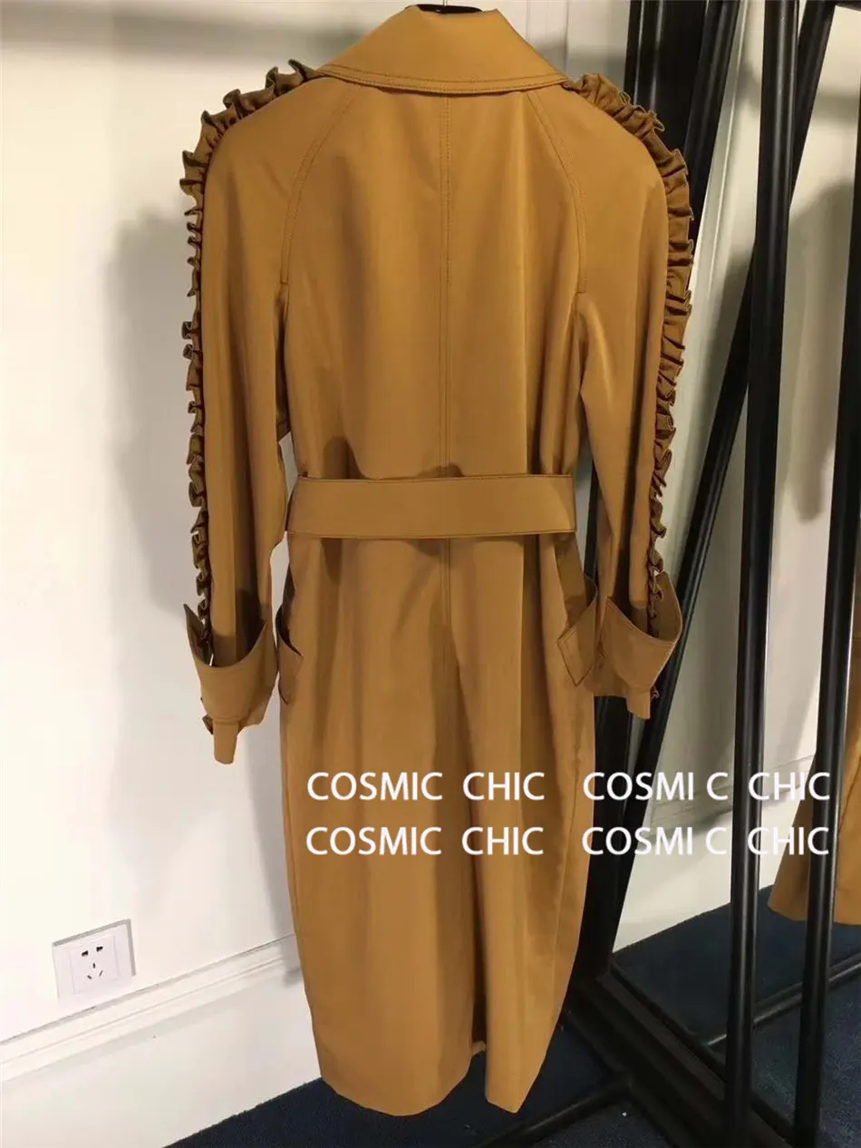 Cosmicchic Осень Зима Женское подиумное длинное пальто с деревянными ушками на рукавах двубортное пальто с поясом Верхняя одежда тонкая