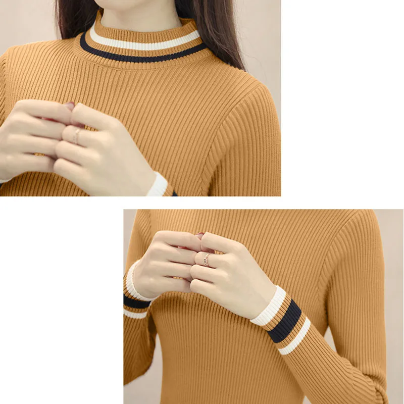 

Half-high Collar Sweater Women Thicken Autumn Winter 2019 New Short Slim Knitted Sweater Striped Pullovers Female Sweaters
