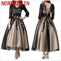 2019 womens long sleeves champagne with black lace tulle plus size a line tea length formal mother of the bride evening dresses