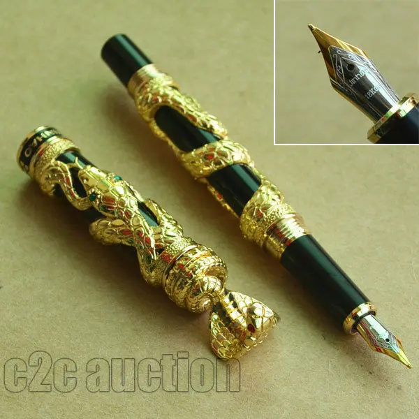 Перьевая ручка средней длины 18KGP NIB JINHAO черная с золотым змеиным ветром |
