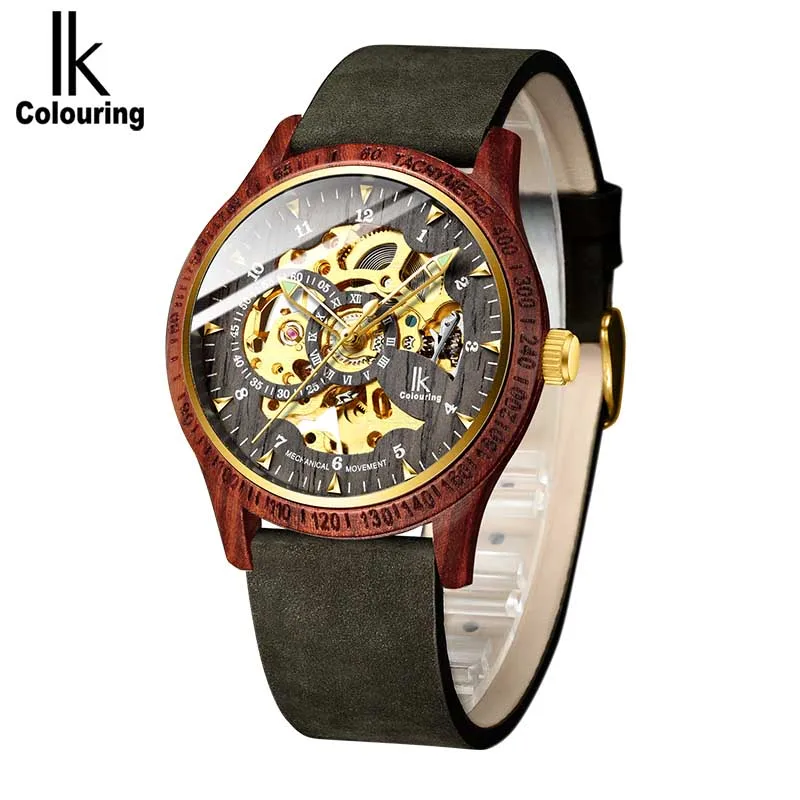 

Men Watch Fashion Casual Wooden Case Crazy Horse Leather Strap Wood Watch IK Colouring Skeleton Auto Mechanical Male Relogio