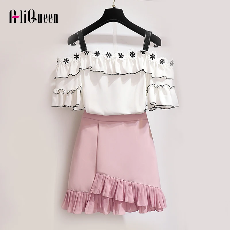 2019 Милая Женский комплект 2 шт. летняя блузка с открытыми плечами и цветочной