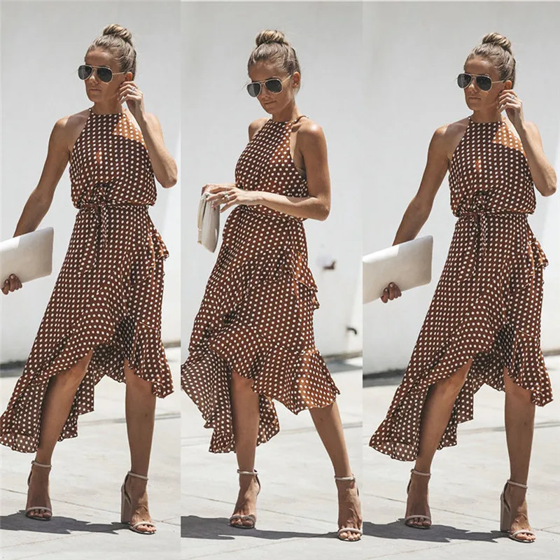 Ruffles Backless Polka dot Print Halter Dress Sleeveless Sexy Irregular Club Wear Plus Size Beach Sundress Bohemian Casual | Женская