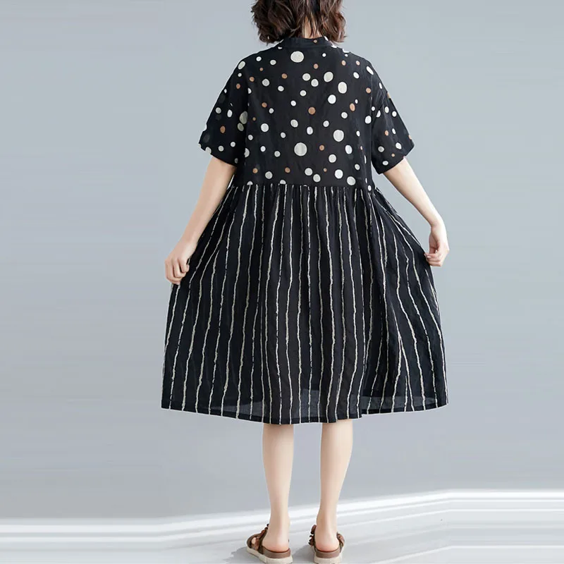 

New Arrival 2019 Summer Korean Shirt Dress Plus Size Cotton Linen Midi Polka Dot Dress Retro Sundress A Line Striped Dresses 4XL