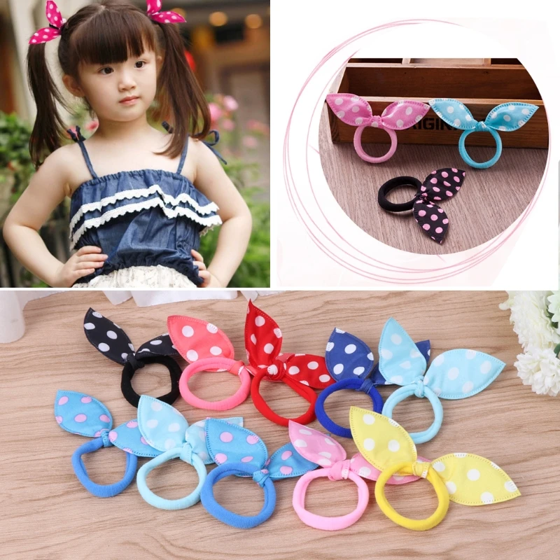 

10Pcs Kids Girl Elastic Bands Rabbit Ears Polka Dot Hair Tie Ponytail Holder Bow Elastic Bands Headwear Accessories