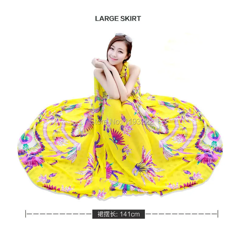 Womne Summer Fashion Retro Ruffle Neck Sleeveless Boho Chiffon Floral Pleated Loose Belted Party Big Hem Long Maxi Dress | Женская