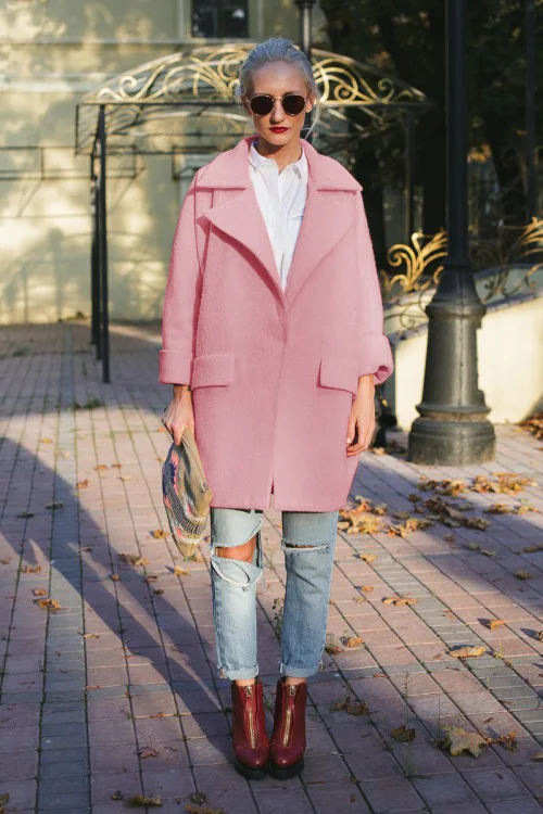 

2018 New Autumn Winter Fashion Pink Women Wool Blends Coats Medium-long Female Overcoat Loose Outwear Elegant Woolen Jackets