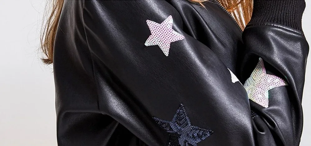 2017 Весна осень модный бренд хорошее качество пайетки звезда узор кожаная куртка