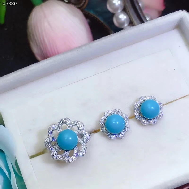 elegant blue turquoise ring and stud earrings jewelry set women ornament 925 Sterling silver fine jewelry round natural gem gift
