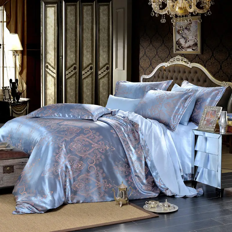 4 silk and polyester 4 шт. серый золотой жаккард постельные принадлежности наборы queen king Размеры пододеяльник набор шелк хлопок Ткань Роскошные постельное белье - Цвет: 4 silk and polyester