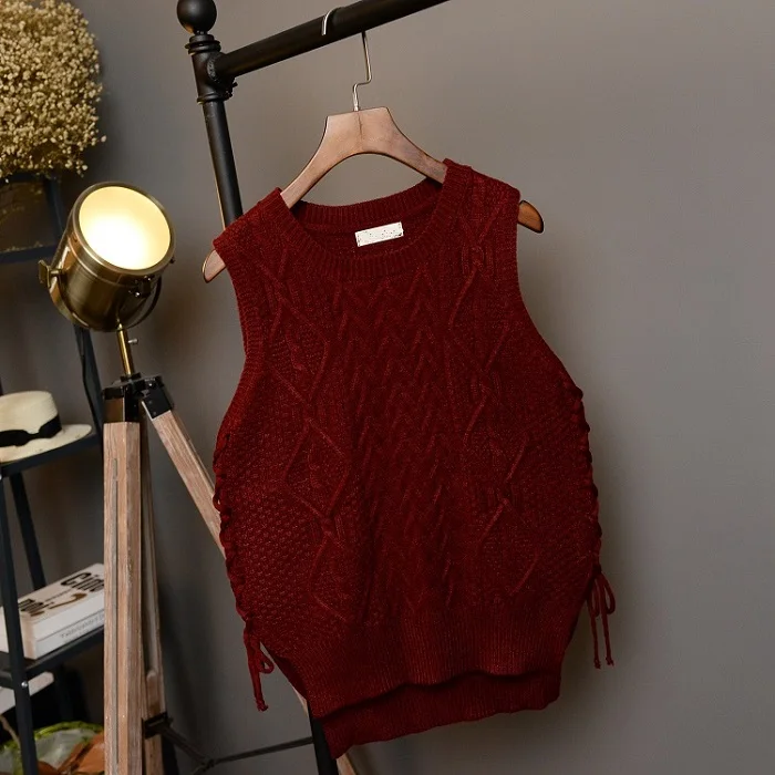 Claret Red Свитер с боковой шнуровкой, женский жилет с круглым вырезом, с разрезом, с бантом, без рукавов, пуловеры в консервативном стиле, джемпер, Женский вязаный жилет - Цвет: Claret Red