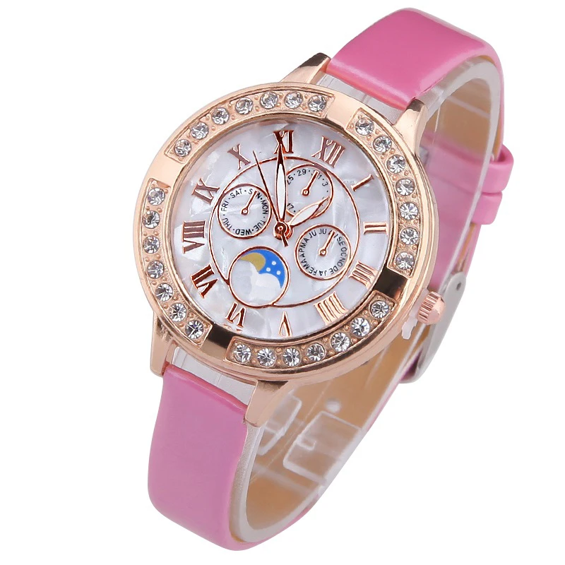 

Gnova Platinum Top fashion small dial watch women rhinestone PU Leather crystal golden analog quartz wristwatch day night pic