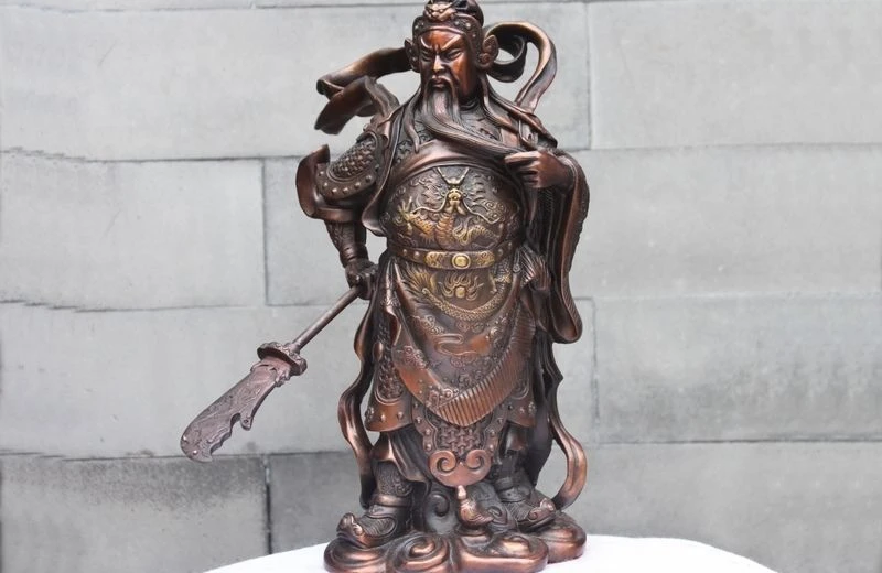 

Chinese Folk Feng Shui Red Bronze Dragon Gong Yu Guan Gong warrior God Statue