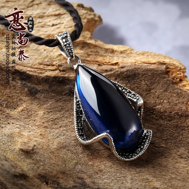 

3 colors 39*17mm 100% 925 sterling silver Natural semi-precious stones water drop blue corundum Pendant girlfriend best gift