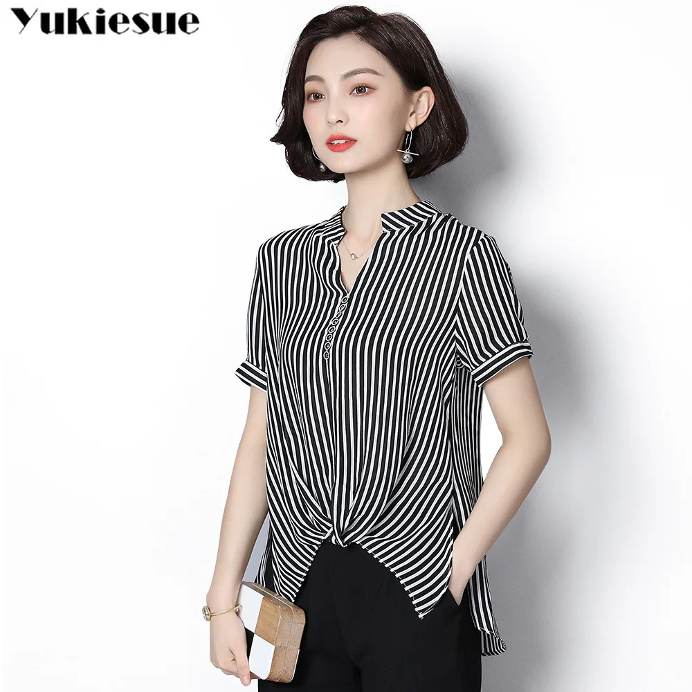 Летняя полосатая Женская рубашка блузка для женщин blusas Женские топы и блузки
