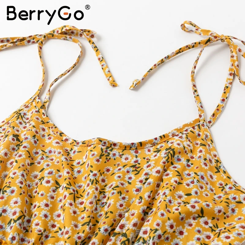 BerryGo Boho Летнее платье с высокой талией для женщин Цветочный Принт спагетти ремень