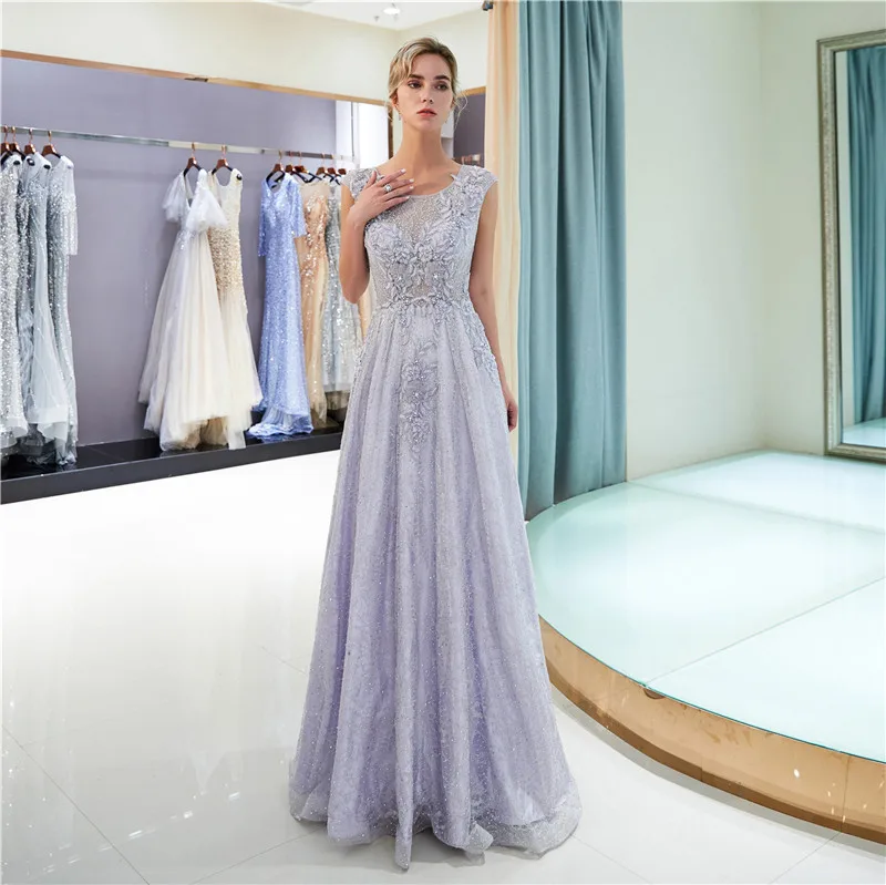 Lace tulle prom dress applique light purple prom dresses formal dress floor length evening dresses O neck Pearls Crystal vestido