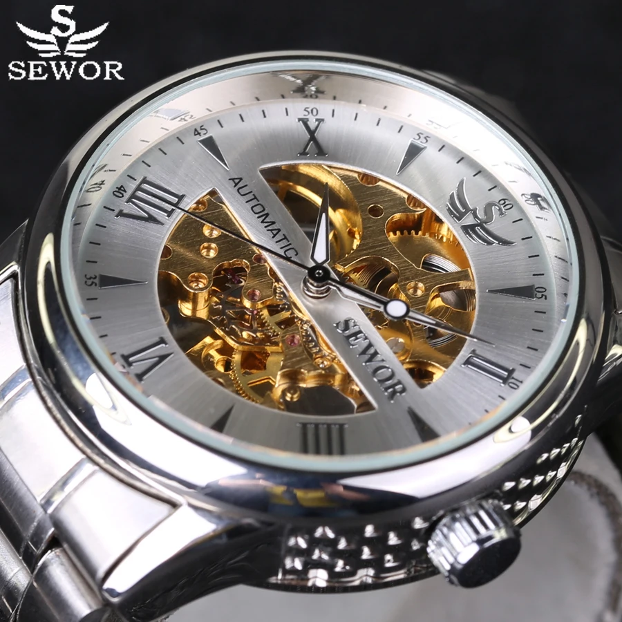 SEWOR автоматические часы фирменные мужские классические из нержавеющей стали