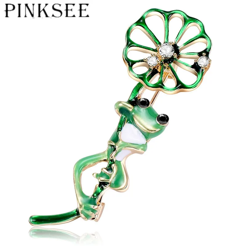 

PINKSEE Creative Green Lotus Leaf Frog Shape Brooch Crystal Pins Women Girls Suit Hats Accessories Scarf Buckles Enamel Jewelry