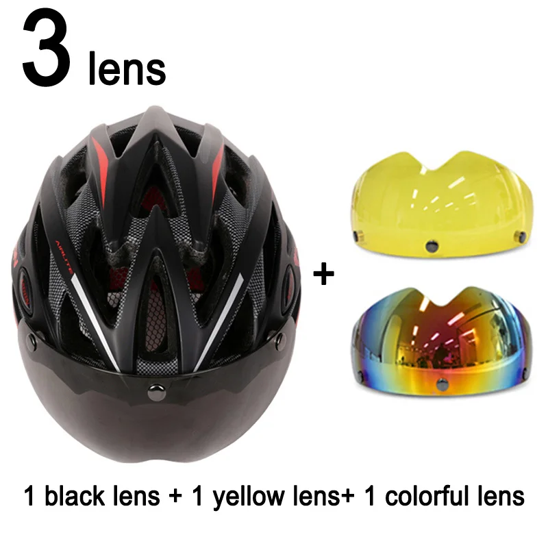 Black Red 3 Lenses MOON 275g Магнитные очки Сверхлегкий велосипедный шлем с объективом в форме велосипеда шлем 25 вентиляционных отверстий Casco Ciclismo - Цвет: Black Red 3 Lenses