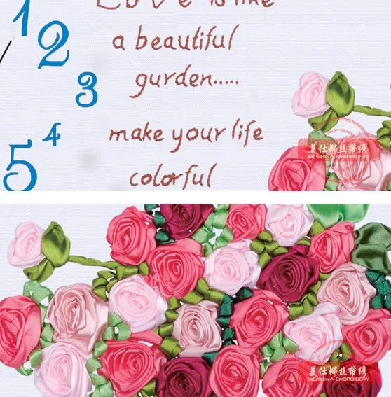 3D розы лента вышивка живопись часы ручной работы крестиком круг DIY рукоделие Wall Art