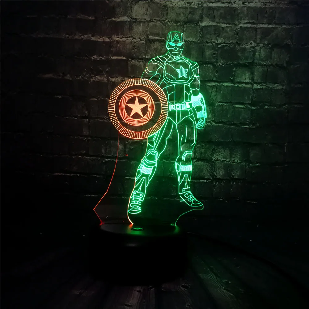 Блеск 3D Marvel Super Hero Captain America LED смешанный 7 цветов USB зарядка Декор для спальни