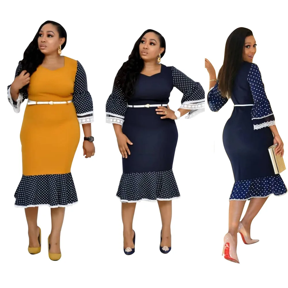 Женское платье скромное тонкое лоскутное с поясом на талии в горошек