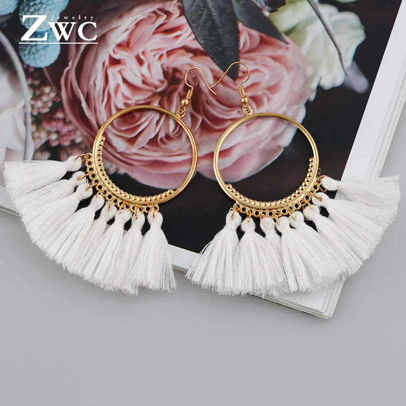 White 1 ZWC богемные массивные круглые большие серьги с кисточками для женщин, национальные красные черные винтажные длинные серьги ручной работы с бахромой, ювелирные изделия - Metal Color: White 1