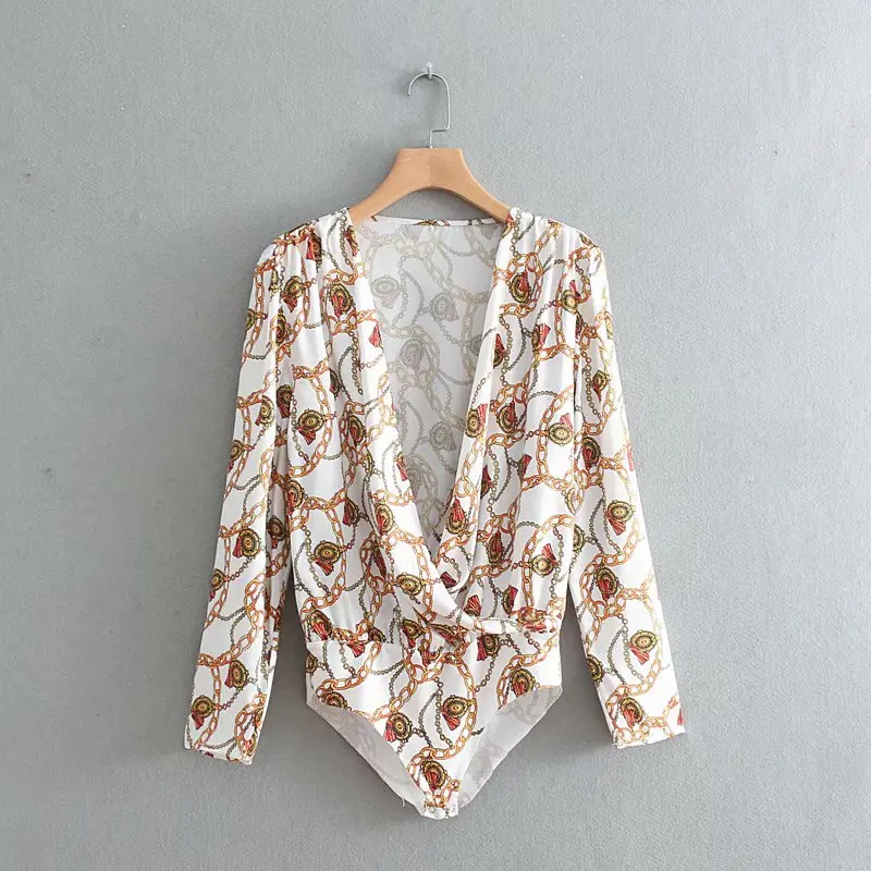 Women sexy v neck chains print casual pleats bodysuit shirt long sleeve siamese blouse chic playsuits femininas blusas |