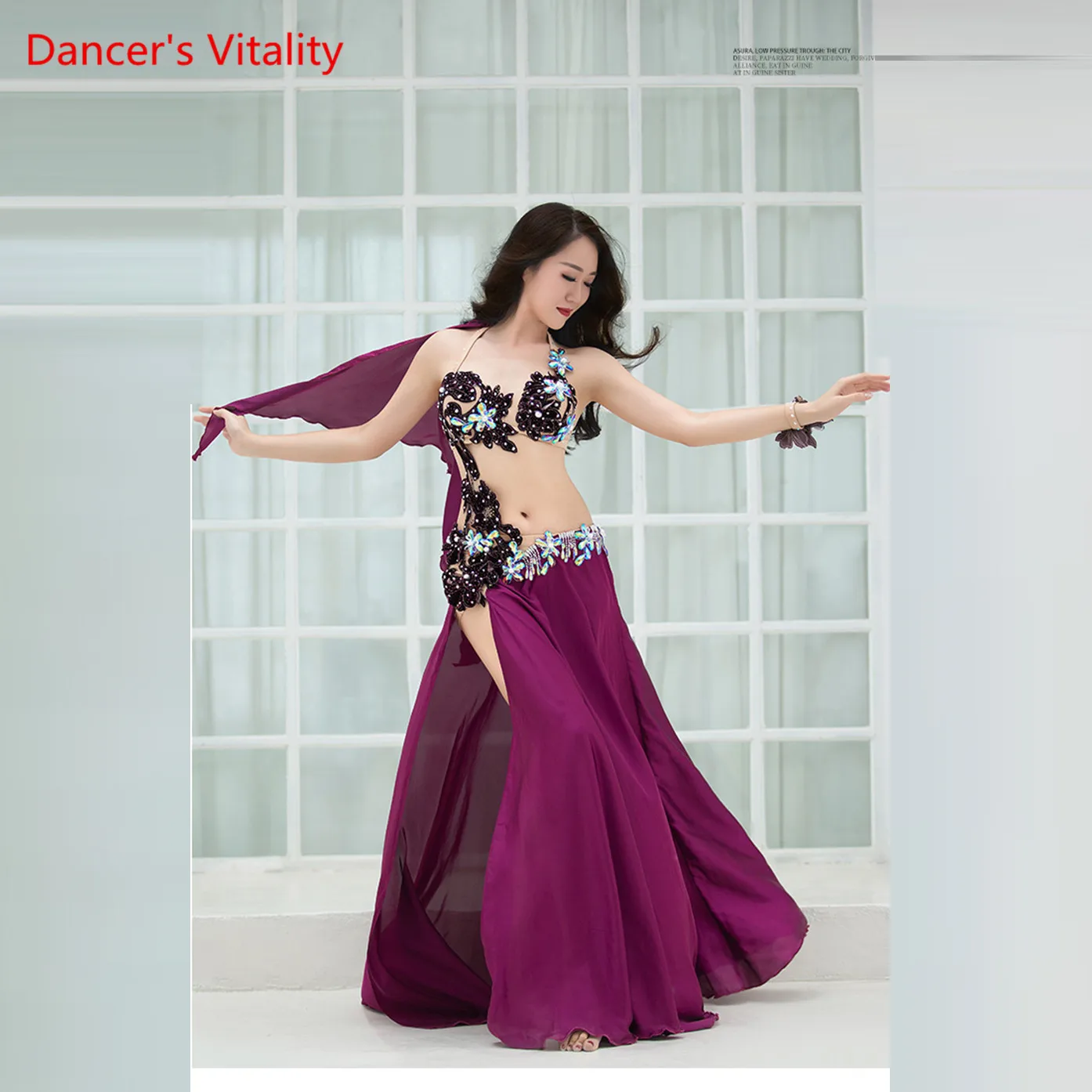Женщины Спандекс и Шелковый Атлас Костюм Танец Живота Belly Dance Set Профессиональный