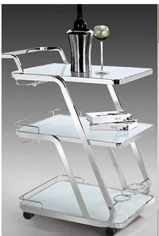 

Fashion stainless steel dining car. Three layers of glass steel trolley. High-grade beverage. Shelf in the kitchen