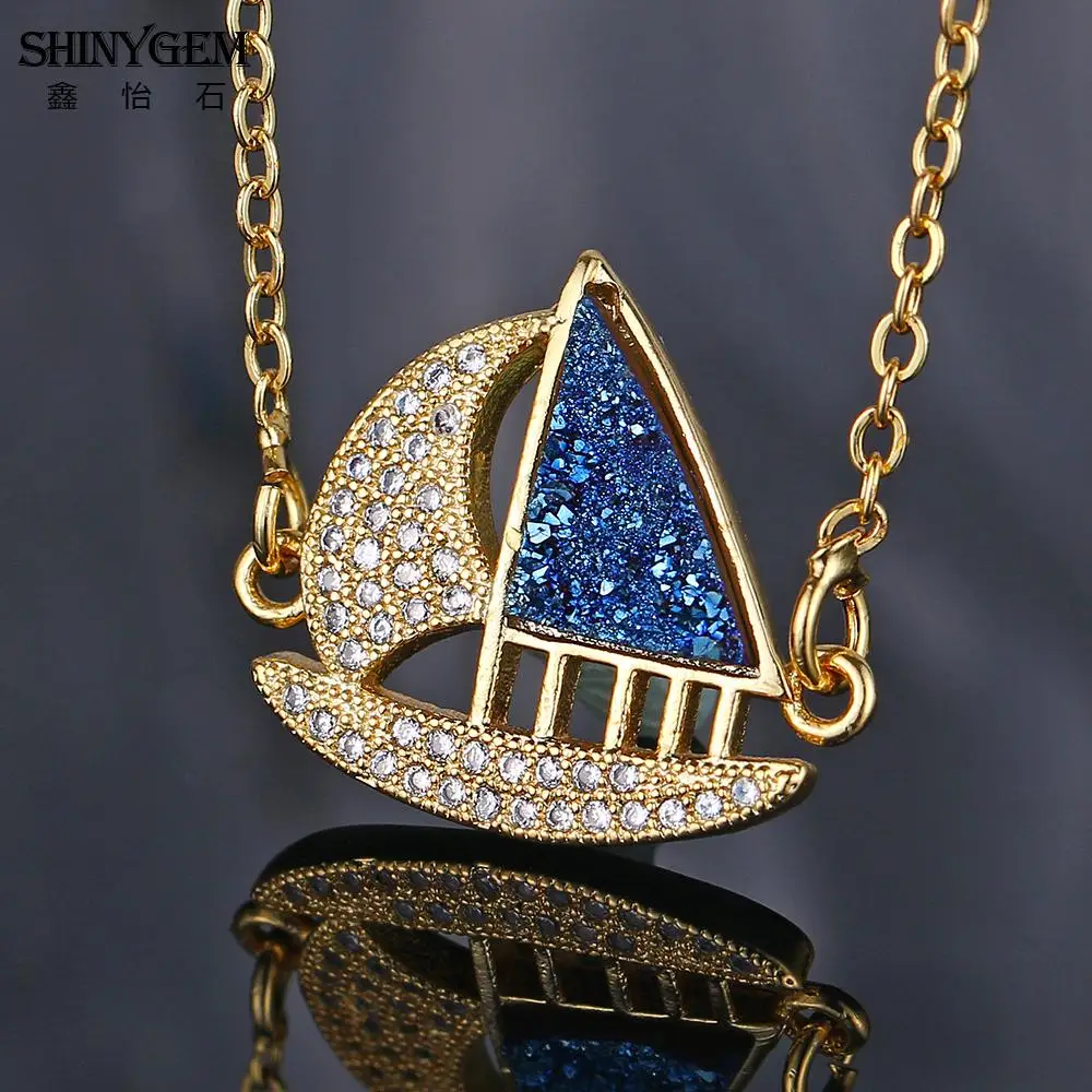 ShinyGem Lucky Sailboat Pendants Necklace AAA White Zircon Natural Crystal Druzy Necklaces Fashion Gold Gifts For Women | Украшения и