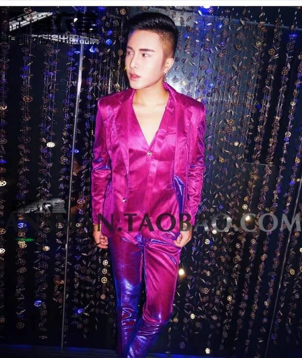 Костюм для мужчин Fashion Man Slim Suits DS Stage Host Dress Costumes illusion Rose Red Purple 3 pieces set Nightclub DJ Male singer show wear on.